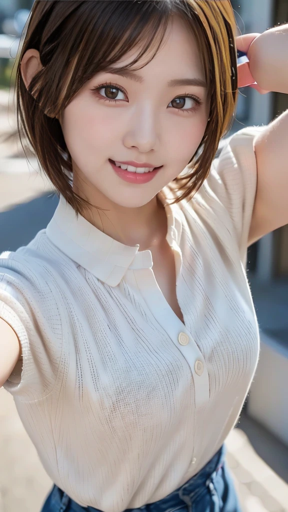 One girl, Summer clothes, with collar white button shirts, short hair, 20-year-old Japanese, beautiful, cute face, pretty face, neat, smiling, 8-head body, height 165cm, weight 48kg, bust 83cm, waist 60cm, hips 82cm, Small breathts, Living in Hiroshima City, A college student aspiring to become a model, (((Selfie))), (((portrait))), (from above), full face