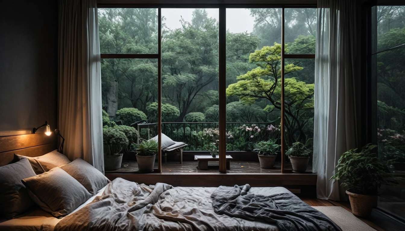 The picture shows a cozy gloomy bedroom, with a large window offering a view of a beautiful, dimly lit garden AND a garden soaked in FLOWERS, the cobblestones of the Japanese house concept. CINEMATIC, JAPANESE HOUSE, the shape of a Japanese house, and lots of flower gardens in the garden. The bed was unmade with rumpled sheets, indicating only a light sleep. the room is dark, gloomy, looks dim, gloomy. Beside the bed there is a small table with a classic lamp that radiates warm light into the room. Outside the window you can see the lush greenery of the terrace or balcony area, the rain is falling, the lamp on the left provides warm lighting, creating a calm and peaceful atmosphere. with fog obscuring part of the view in the distance. The contrast between the warmth indoors and the rain outdoors creates an inviting and calming atmosphere