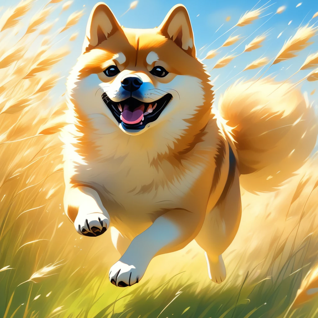 ((Masterpiece)), ((Best Quality)), (Very Detailed), ((Very Detailed)), 4K, (8K), very aesthetic, absurdres highres, 1 girl, (anthropomorphic shiba dog, furry, kemono:1.5), A sunny meadow with a blue sky. A dog is running as fast as it can in the vast grassland. The dog's body is completely stretched out, its front and back legs floating in the air, giving the impression that it is flying. In a single moment of cropping, the dog's fur fluttering in the wind and the grass swaying softly create an atmosphere of freedom and vibrancy.