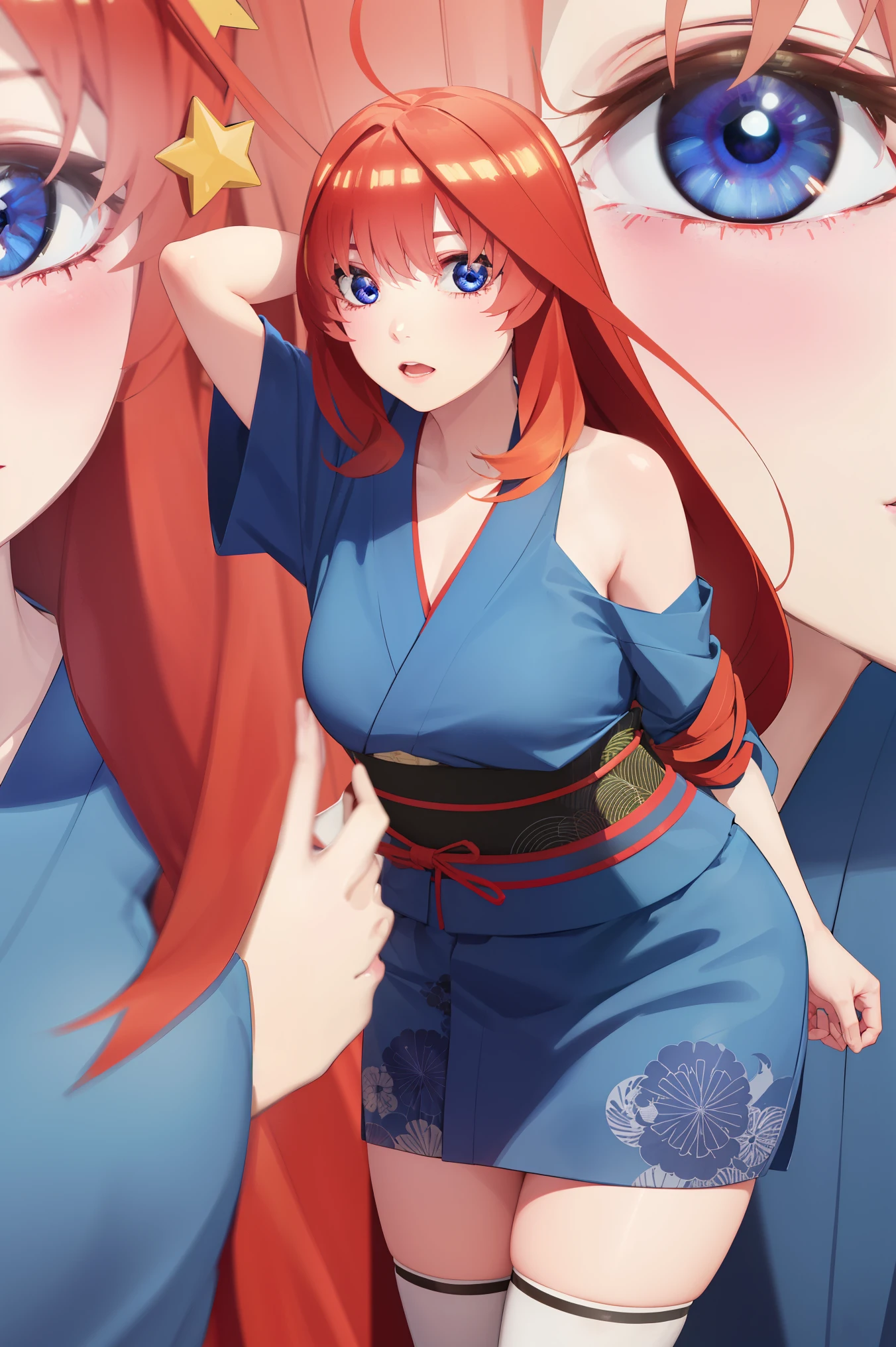 [itsuki nakano, bangs, blue eyes, hair between eyes, ahoge, red hair, star \(symbol\), hair ornament, star hair ornament,], 1girl, anime girl, anime, girl, 2d girl, 16y,
BREAK ((bare shoulders, blue kimono, blue ribbon, blue thighhighs, collarbone, detached sleeves, japanese clothes, kimono, thighhighs))), 
BREAK looking at viewer,(sexy pose:1.2), (hands behind head:1.3), (close up:1.2), (leaning forward:1.2),
BREAK (art: 1.2), best quality, high resolution, 8k unitary, (illustration: 0.8), (beautiful detailed eyes: 1.6), extremely detailed face, perfect lighting, extremely detailed in CG, (perfect hands, perfect anatomy),