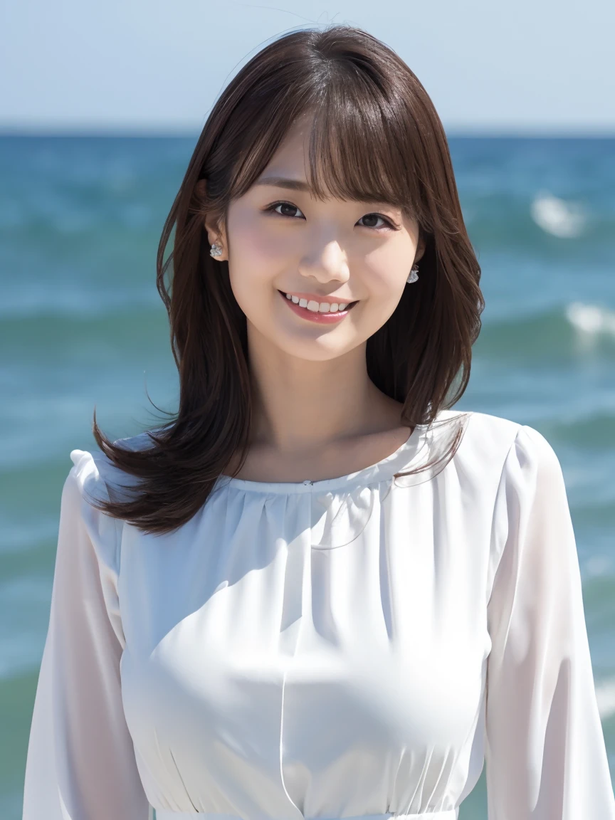 Tabletop, 最high quality, Realistic, In detail, High resolution,Beautiful Japanese Woman,Beautiful attention to detail, Beautiful lip detail, Very detailed顔, Small Head, Small areola, Cinema Lighting, Realistic, 8k, high quality, Very detailed, look at me,smile,(White blouse、Black Pants ),Long Hair,(By the Sea、Coastal),(Big Breasts:0.7),(Inoue Kiyokana),whole body, (Breast bulge:0.7),thin,(front図,throw)、whole bodyの姿(Are standing)、front()