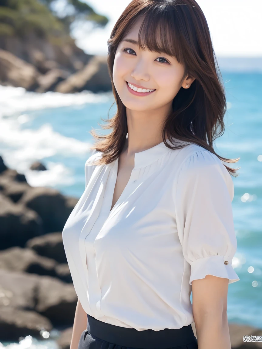 Tabletop, 最high quality, Realistic, In detail, High resolution,Beautiful Japanese Woman,Beautiful attention to detail, Beautiful lip detail, Very detailed顔, Small Head, Small areola, Cinema Lighting, Realistic, 8k, high quality, Very detailed, look at me,smile,(White blouse、Black Pants ),Long Hair,(By the Sea、Coastal),(Big Breasts:0.7),(Inoue Kiyokana),whole body, (Breast bulge:0.7),thin,(front図,throw)、whole bodyの姿(Are standing)、front()