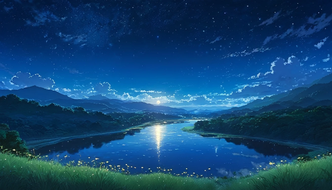 River Painting, Stars and Moon in the Sky, Bright colors, by makoto shinkai. Concept art inspired by Tosa Mitsuoki, pixiv Contest Winner, Highest quality, Fantasy art, Beautiful anime scene, Golden Moon, No humans, Starry Sky, scenery, cloud, Shine, the scenery of night landscapes, Mountain, Rivers. Bright Moon, Starry Sky environment under the moonlight, Dream Painting, Anime Background art, Fantasy Landscape Painting, A dreamlike night, Anime Background, Background artwork, Dreamy Art, Atmospheric anime, Starry Sky, Detail enhancement.High resolution,reality,Emotional,8k,high resolution