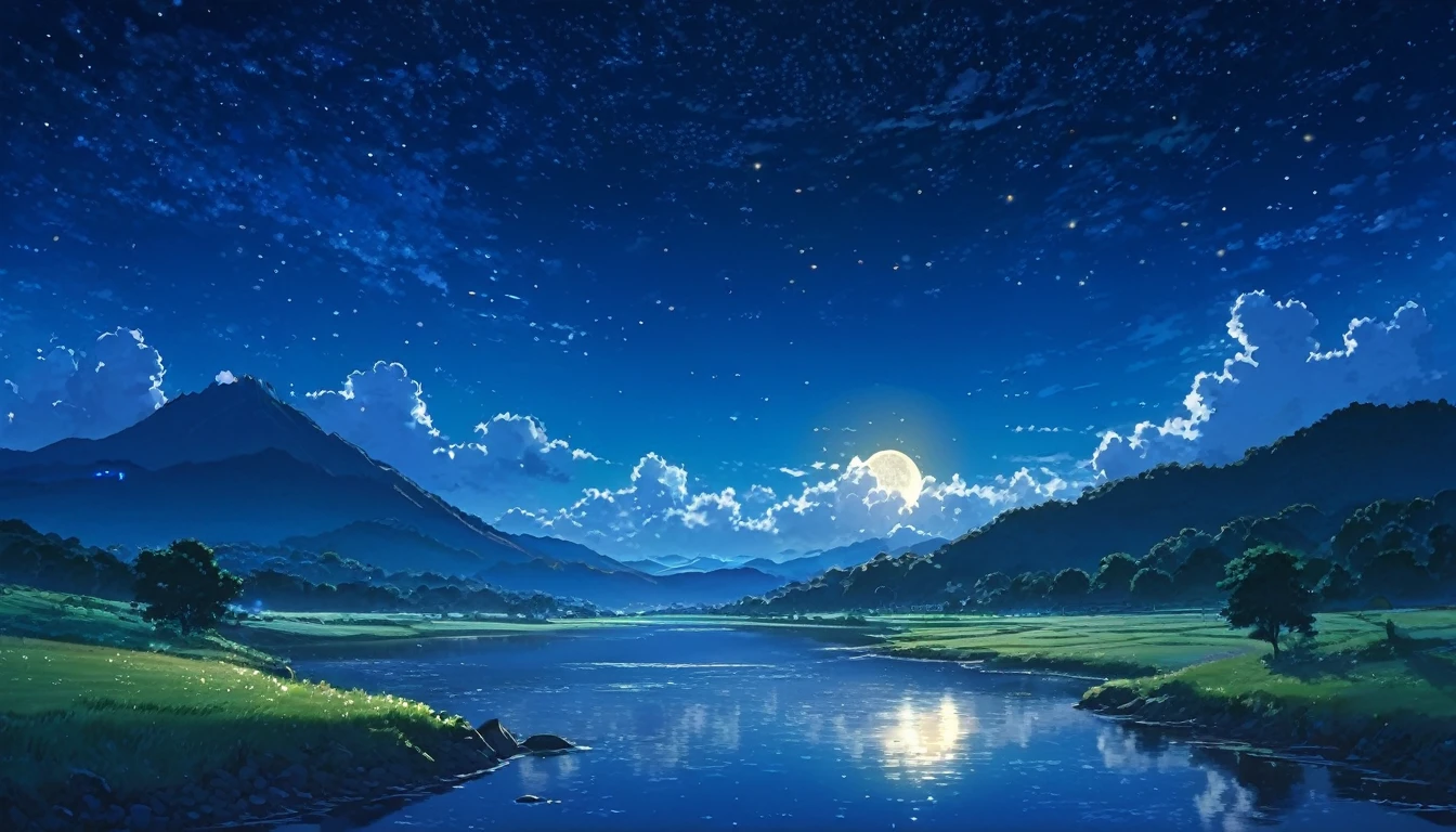 River Painting, Stars and Moon in the Sky, Bright colors, by makoto shinkai. Concept art inspired by Tosa Mitsuoki, pixiv Contest Winner, Highest quality, Fantasy art, Beautiful anime scene, Golden Moon, No humans, Starry Sky, scenery, cloud, Shine, the scenery of night landscapes, Mountain, Rivers. Bright Moon, Starry Sky environment under the moonlight, Dream Painting, Anime Background art, Fantasy Landscape Painting, A dreamlike night, Anime Background, Background artwork, Dreamy Art, Atmospheric anime, Starry Sky, Detail enhancement.High resolution,reality,Emotional,8k,high resolution