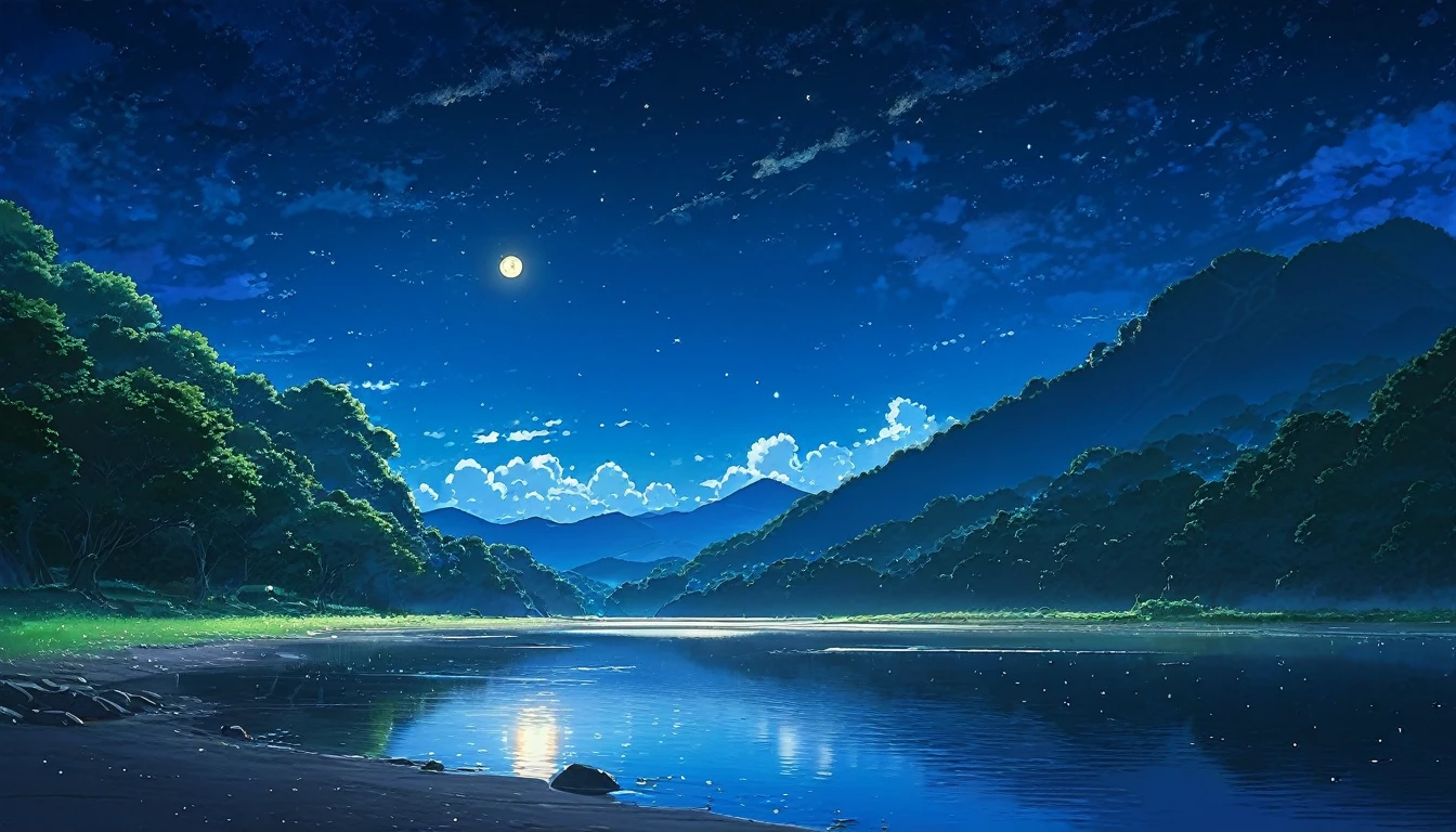 River Painting, Stars and Moon in the Sky, Bright colors, by makoto shinkai. Concept art inspired by Tosa Mitsuoki, pixiv Contest Winner, Highest quality, Fantasy art, Beautiful anime scene, Golden Moon, No humans, Starry Sky, scenery, cloud, Shine, the scenery of night landscapes, Mountain, Rivers. Bright Moon, Starry Sky environment under the moonlight, Dream Painting, Anime Background art, Fantasy Landscape Painting, A dreamlike night, Anime Background, Background artwork, Dreamy Art, Atmospheric anime, Starry Sky, Detail enhancement.High resolution,reality,Emotional,8k,high resolution