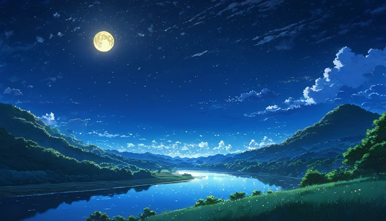 River Painting, Stars and Moon in the Sky, Bright colors, by makoto shinkai. Concept art inspired by Tosa Mitsuoki, pixiv Contest Winner, Highest quality, Fantasy art, Beautiful anime scene, Golden Moon, No humans, Starry Sky, scenery, cloud, Shine, the scenery of night landscapes, Mountain, Rivers. Bright Moon, Starry Sky environment under the moonlight, Dream Painting, Anime Background art, Fantasy Landscape Painting, A dreamlike night, Anime Background, Background artwork, Dreamy Art, Atmospheric anime, Starry Sky, Detail enhancement.High resolution,reality,Emotional,8k,high resolution