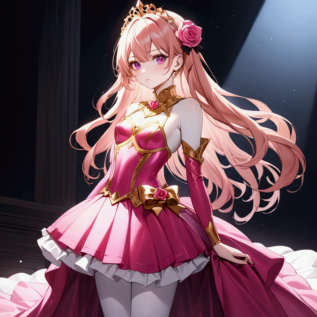 A lone magical girl with fair white skin stands in a high-definition, ultra high-definition bedroom. She possesses a slender frame and small breasts, her wavy, long rose gold hair flowing elegantly. Dressed in a rose gold, pink, and gold color magical girl outfit. she wears detached sleeves, a skirt with a black bow, and magenta eyes that reflect disdain. Adorned with a rose in her hair, she stands with a look of humiliation and defiance, gazing directly at the viewer.