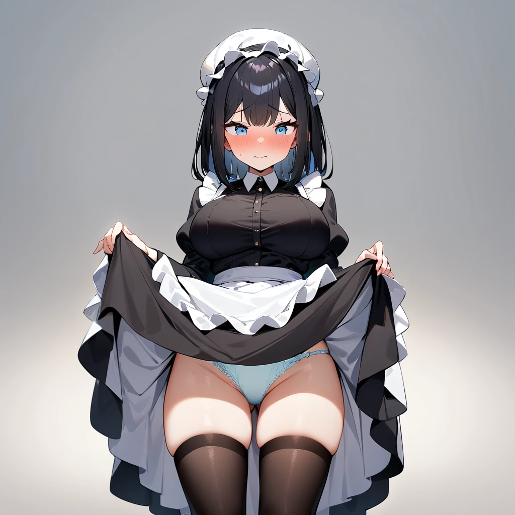 1girl,pov,black hair,light blue eyes,flustered,blackdress,pov,Embarrassed,big breast,maidapron,(White mob cap),puffy_sleeves,maid_apron, belt,thighhighs,masterpiece, best quality, very aesthetic, absurdres,(dress lift:1.5),(straight-on),(Frilled Panties)