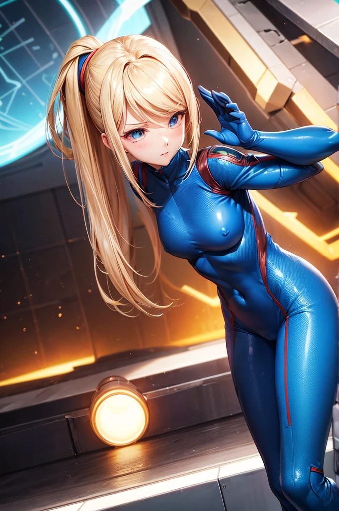 Zero Suit Samus without her suit、Topless、blush、masturbation behavior、Obscene pose