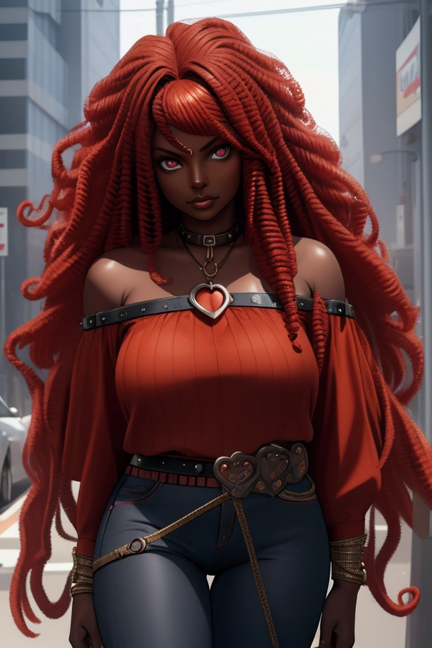 Top Quality, Dark Skin, Real Human Skin, (Detailed), Oval Face, Pore, Ultra High Definition, (8k, RAW Photography, Photorealistic: 1.4),there is a African-American woman with red hair and a black off-shoulder top, with curly red hair, red afro, red curly wig, red waist-long hair, red haired goddess, very long wavy fiery red hair, sza, she has long redorange hair, gothic jeans, red belt with heart-shaped buckle