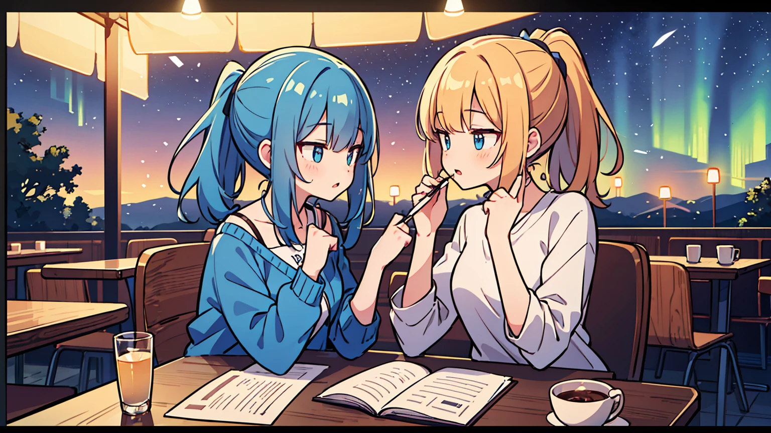 (masterpiece, best quality),Two women with different faces and hairstyles, different hair colors, different faces, ponytail, shot,letterboxed, perfection of fashion,chapped lips, casual attire, upper body, from the side,A cafe with a terrace overlooking the night sky with the Aurora,Teaching students to study at an old-fashioned table, eyes look at the note, together, stylish outfit,