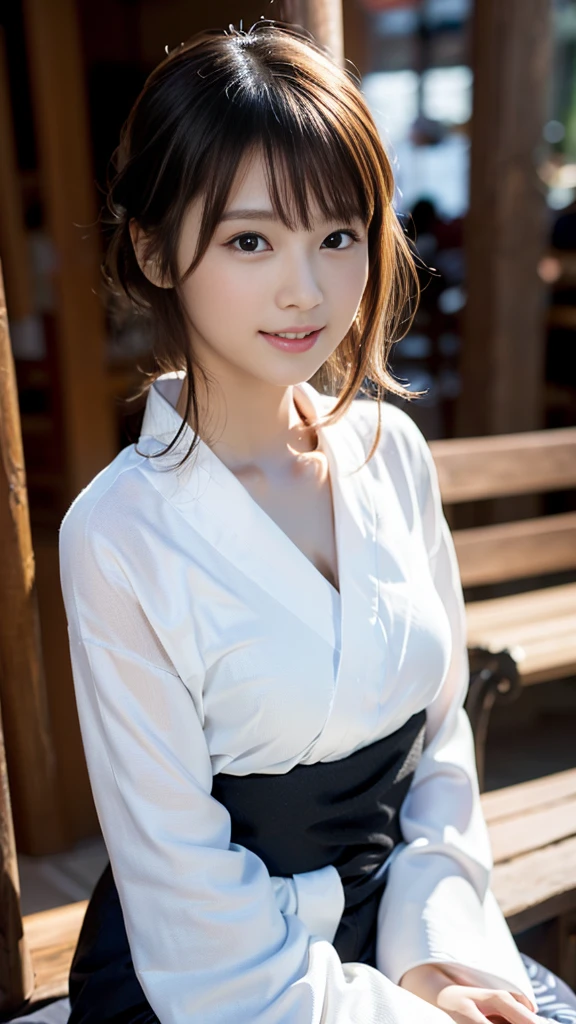 masterpiece, Highest quality,16K, Ultra-high resolution,The light and shadow of reality,Cinema Lenses,((Very skinny))、((Her waist is so slim and beautiful)),((High nose、Small Mouth)),((Clean and slim face line)),((Big dark eyes with long eyelashes)),((Very small face))((Very slim and beautiful arms)),((She is very slim and has a great figure)),((Pure white beautiful skin)),((Cute Japanese Girls)),(((Wearing a black long-sleeved yukata))),((Sitting on a bench in a stylish cafe)),(Sexy pose),(Beautiful Eyes:1.1),Reflecting clear eyes and a gentle smile,