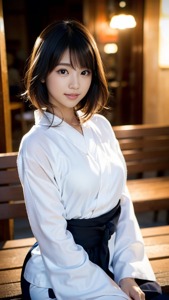 masterpiece, Highest quality,16K, Ultra-high resolution,The light and shadow of reality,Cinema Lenses,((Very skinny))、((Her waist is so slim and beautiful)),((High nose、Small Mouth)),((Clean and slim face line)),((Big dark eyes with long eyelashes)),((Very small face))((Very slim and beautiful arms)),((She is very slim and has a great figure)),((Pure white beautiful skin)),((Cute Japanese Girls)),(((Wearing a black long-sleeved yukata))),((Sitting on a bench in a stylish cafe)),(Sexy pose),(Beautiful Eyes:1.1),Reflecting clear eyes and a gentle smile,