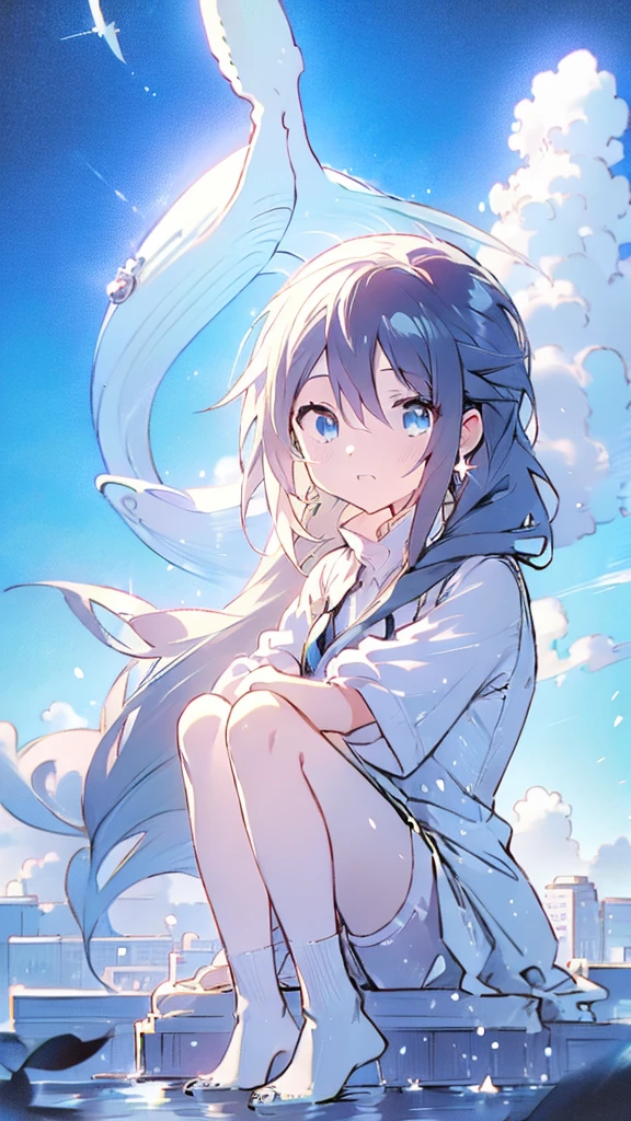 Seven-doppelganger shot,Anime style 4K,High quality anime art style,Standing painting,Splash ink background,Blue Themes、Pure white background,Buildings,Face close-up,Buildings,Moon and sun、Shining Star々,milky way,Bright Sky,Looking at me,Facing forward,Clear eyes and nose,cute,beautiful,Thin legs,sitting by the water, black hair, Blue eyes, girl, bob, front, cute,Blue Background,Long Hair,Whale flying in the blue sky,Buildings,whale,Black Hair