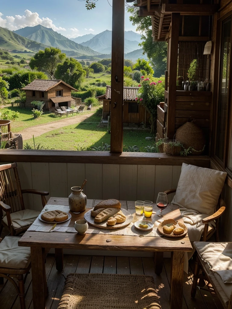 A realistic painting of a rustic wooden table set with a loaf of freshly baked bread, a cup of wine, and a soft ray of sunlight illuminating the scene, evoking a sense of daily sustenance and gratitude. Philippine scene, with bahay kubo in far, with garden outside, with chickens, trees, and far mountains, detailed and hyper realistic 