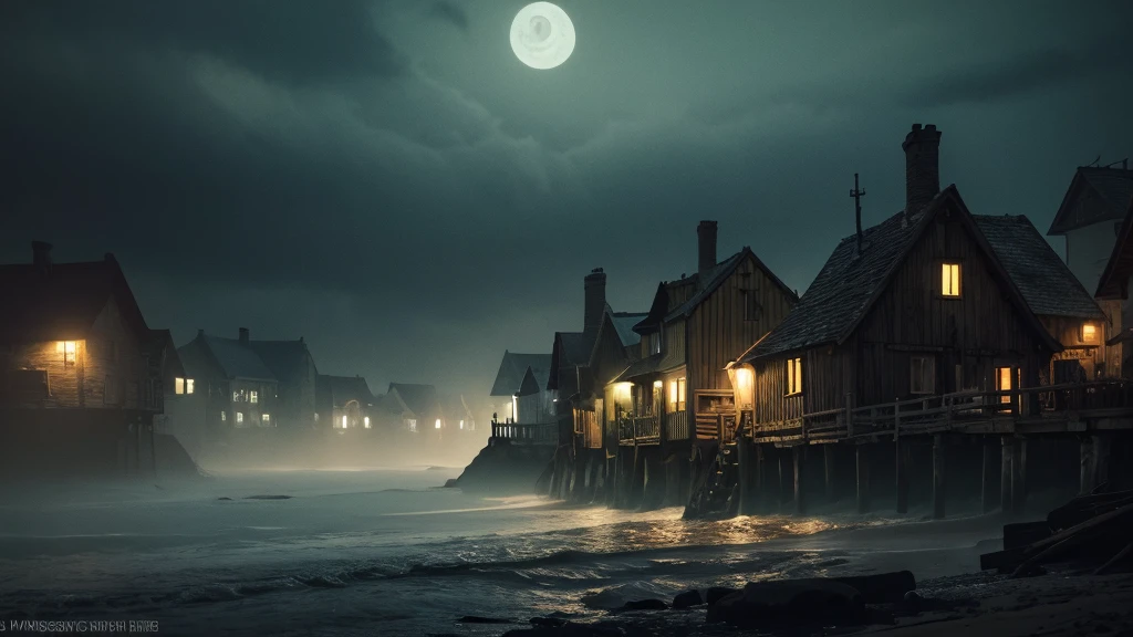 digital painting, eerie seaside village at night, strange and unsettling atmosphere, quiet and still night, mysterious whispers from the sea, haunted and deserted, faint and eerie voices, dilapidated cottages, narrow cobblestone streets, dark and foreboding waves, moonlit sky, thick fog, spectral figures, ominous shadows, surreal elements, otherworldly light, haunted ambiance, high contrast lighting, deep shadows, dark and muted colors, (masterpiece: 2), best quality, ultra highres, original, extremely detailed, perfect lighting