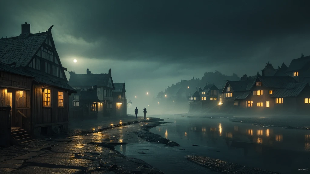 digital painting, eerie seaside village at night, strange and unsettling atmosphere, quiet and still night, mysterious whispers from the sea, haunted and deserted, faint and eerie voices, dilapidated cottages, narrow cobblestone streets, dark and foreboding waves, moonlit sky, thick fog, spectral figures, ominous shadows, surreal elements, otherworldly light, haunted ambiance, high contrast lighting, deep shadows, dark and muted colors, (masterpiece: 2), best quality, ultra highres, original, extremely detailed, perfect lighting