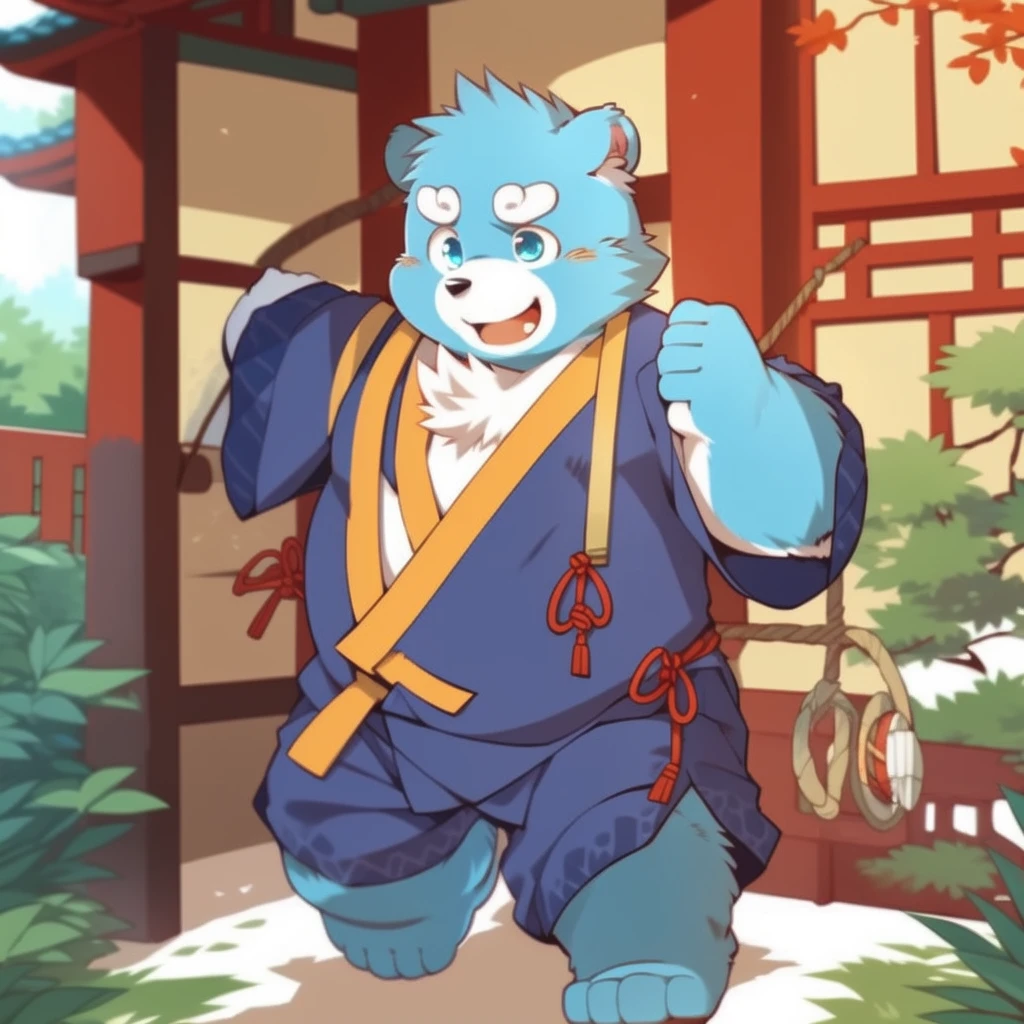 (by zixiong:1.1),(by takemoto arashi),(kemono:1.2),furry,shiquanhao,blue bear,1boy,blue fur,open mouth,animal ears,blue eyes,japanese clothes,bear ears,blue hair,fat,bear boy,(masterpiece),(very detailed),(best quality),alone,(detailed background:1.2),(smile:1.1),(detailed eye:1.2),chinese room,