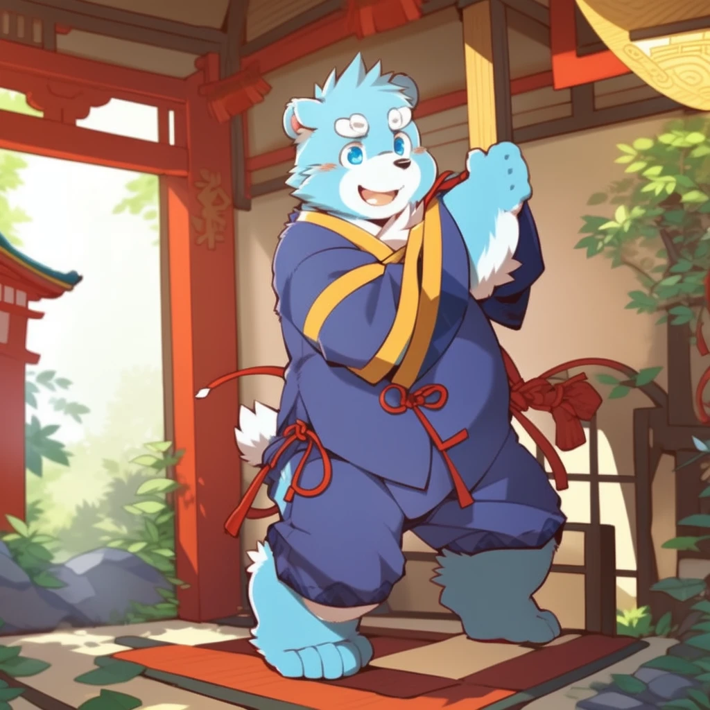 (by zixiong:1.1),(by takemoto arashi),(kemono:1.2),furry,shiquanhao,blue bear,1boy,blue fur,open mouth,animal ears,blue eyes,japanese clothes,bear ears,blue hair,fat,bear boy,(masterpiece),(very detailed),(best quality),alone,(detailed background:1.2),(smile:1.1),(detailed eye:1.2),chinese room,