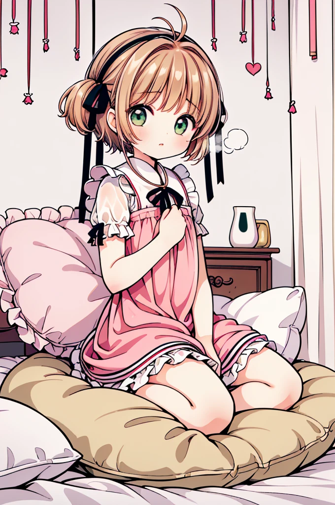（masterpiece，best quality，best quality, masterpiece），Mine, , , (适合任何Pillow背景的光影））, 穿着公主裙的可爱女孩在Pillow上摆姿势 ，，,（很多Pillow），Soft cushion，，，，很多Pillow，，，（Pillow），（A tail），，（充满细节的Pillow），（Around the protagonist），steam，，（Pillow），（palace），（palace殿卧室），（Pillow），柔软的Pillow，，（Classical European style bedroom ），（excited，shy person，Lack of expressiveness，），，, ((Maximum resolution)), artwork, ，,,(Interior of the palace),,(Deluxe Rococo Canopy King Bed),Luxurious curtains with ornate ruffles and ribbons hang around the large bed.,((((床上堆满了许多Pillow)))),Quilt details,Detailed bed linen,Ruffled Bed Skirt,Deep Bed,Background with depth,((详细的Pillow)), ((((大量的Pillow))))，,，详细的软Pillow,,((女孩正躺在许多柔软的Pillow上,周围有许多Pillow))，。Many small feathers fluttering、 Long nightgown with ruffles and ribbons、In a huge, Large canopy bed、Soft pink sheets and quilt、色彩鲜艳的柔软Pillow、很多带褶边的Pillow和带褶边的床裙、Soft toned bed、Ruffled curtains around the bed.。Delicate face。Background with depth,Sakura Kinomoto,(Sakura Kinomoto, 1 Girl, Brown hair, short hair, Antenna hair, , Green Eyes),pillow hump,hump