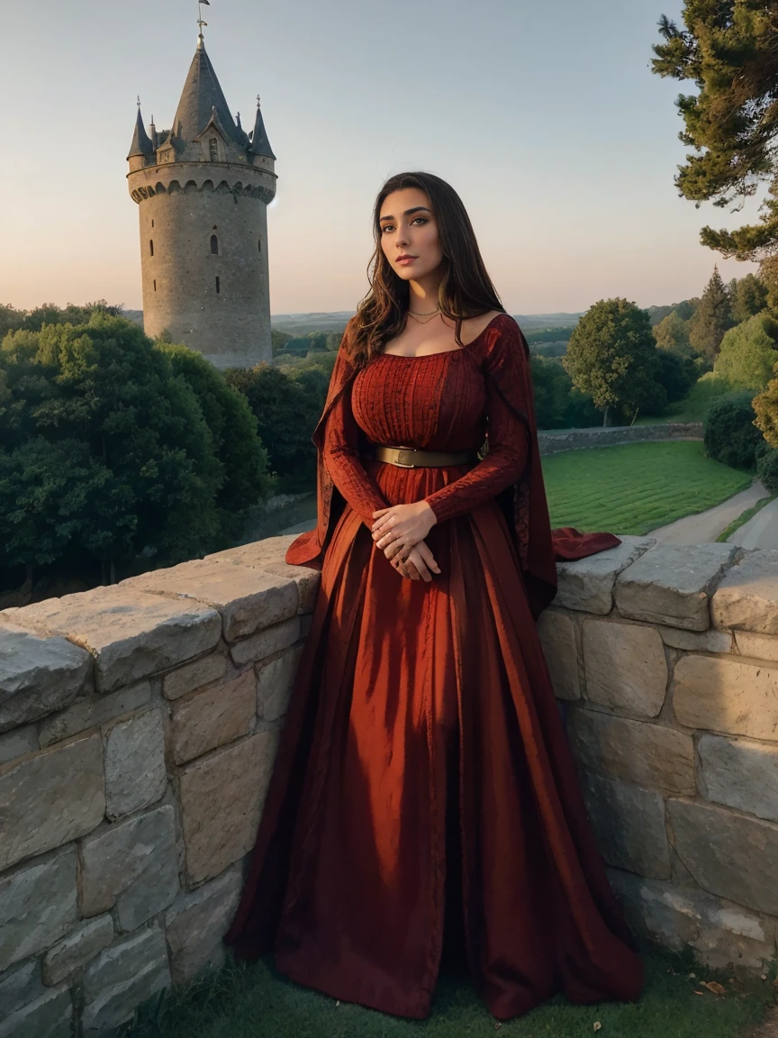 Gorgeous and sultry busty athletic (thin) brunette queen with sharp facial features wearing a modest updo, dark red medieval dress, long sleeves, intricate patterns, scrollwork, wide neck, crown, veil, long dress, modest dress, tight bodice, silver belt, (waist chain), medieval jewelry, Middle Ages, castle, rampart, wall, exterior, on top of a castle wall, trees, countryside, evening, sunset.