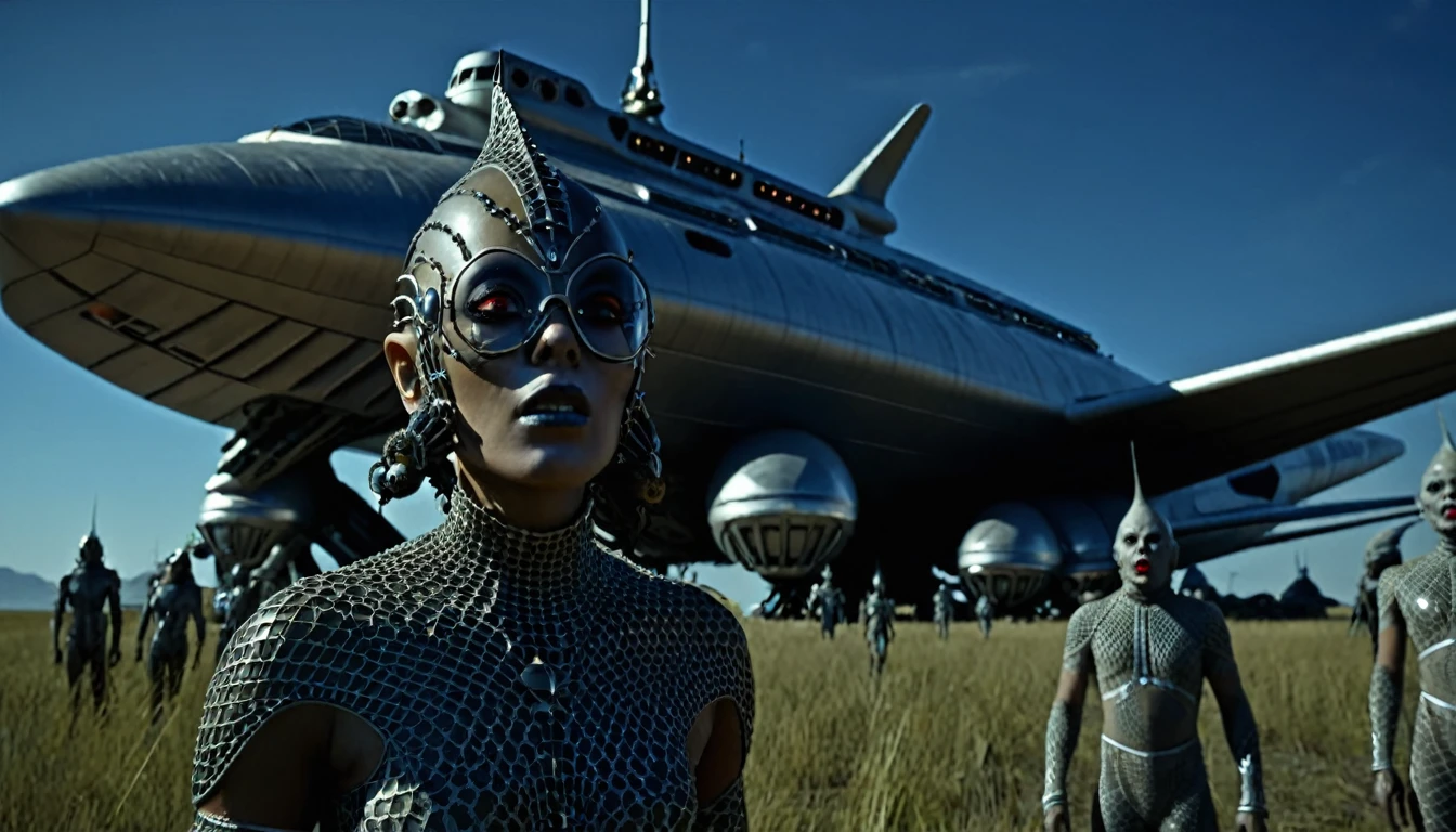 in (medium close-up:3.1) of various characters with a starship in the background from a film for slaves from beyond infinity, futuristic apocalypse, detailed, moody, epic, altered reality, insane, disgusting, disturbing, impactful, inspired by Clyde Caldwell and Ed Emshwiller, stalenhag, (with Creepy, Sci- Fi, Fantasy and Horror: 2.9) retro sci-fi, horror film, detailed body, Kodak Vision3, (intricate details: 2.4), ( hyperdetail: 3.1), (8k resolution: 3.1), (high detail: 4.1), lots of details, high quality, soft light (cinematic: 3.3), masterpiece, dramatic atmosphere, atmospheric perspective, (impactful art: 2.8), rich colors, 3D rendering