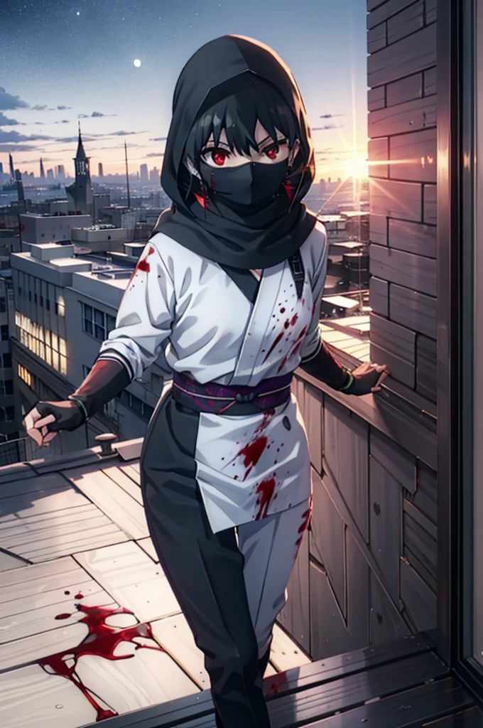 Yorbraia, Yor Briar, Black Hair, (Red eyes:1.5), Earrings, gold hair band, hair band, Long Hair, Side Lock, (Medium chest:1.2), Shadowed face,Hooded,Cover your mouth with a black scarf,strict,black Ninja uniform,Ninja,black Ninja pants,short boots,Action pose,Overlooking the city from the roof of the building,moon,moon明かり,night,moon光,whole bodyがイラストに入るように,Psychopath horror、Bloody、blood droplets,murder scene, Serial killer, Covered in blood break looking at viewer, whole body, break outdoors ,Medieval European-style building, break (masterpiece:1.2), Highest quality, High resolution, unity 8k wallpaper, (shape:0.8), (Beautiful and beautiful eyes:1.6), Highly detailed face, Perfect lighting, Extremely detailed CG, (Perfect hands, Perfect Anatomy),