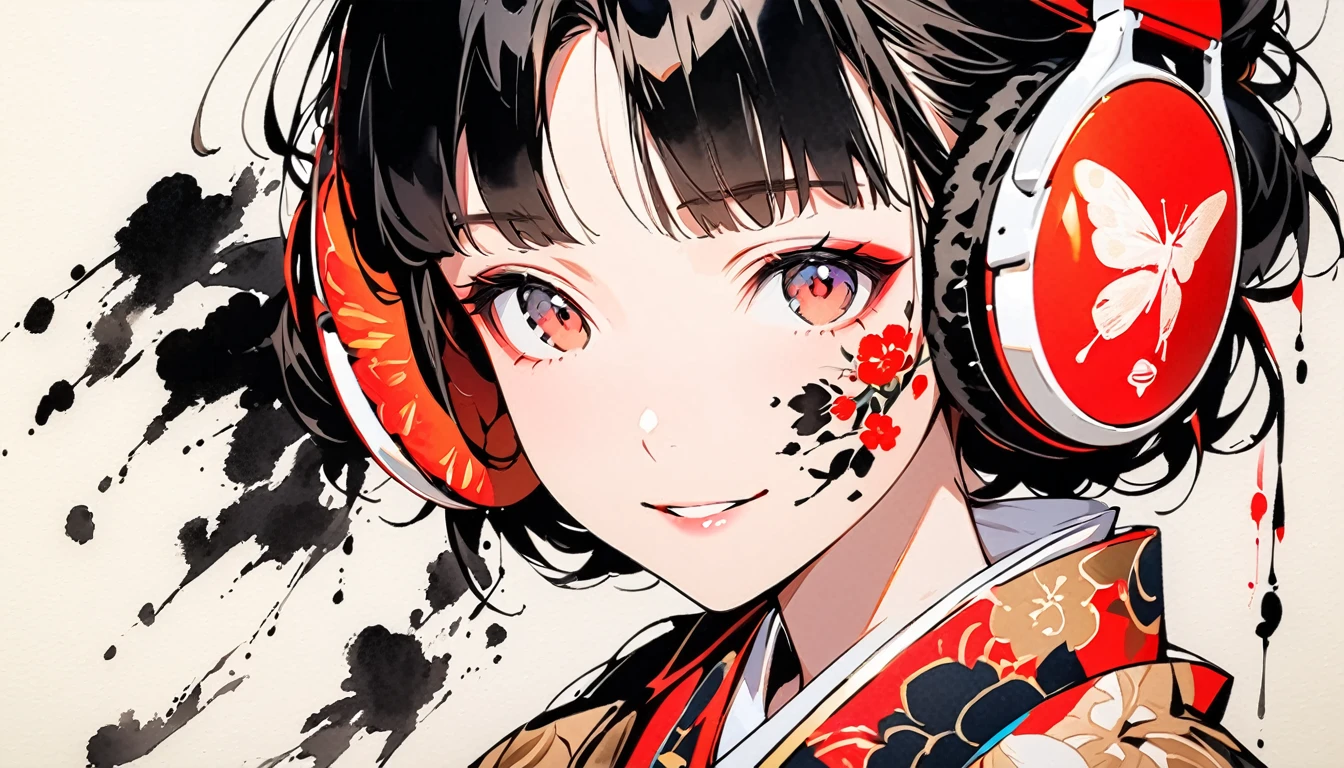 Fashion portrait color photos, (((Ink Painting))), (((1 girl))), (((Tattoo on face))), (((Gorgeous kimono))), Japanese style headphones, face close-up, Japanese beautiful girl, smile