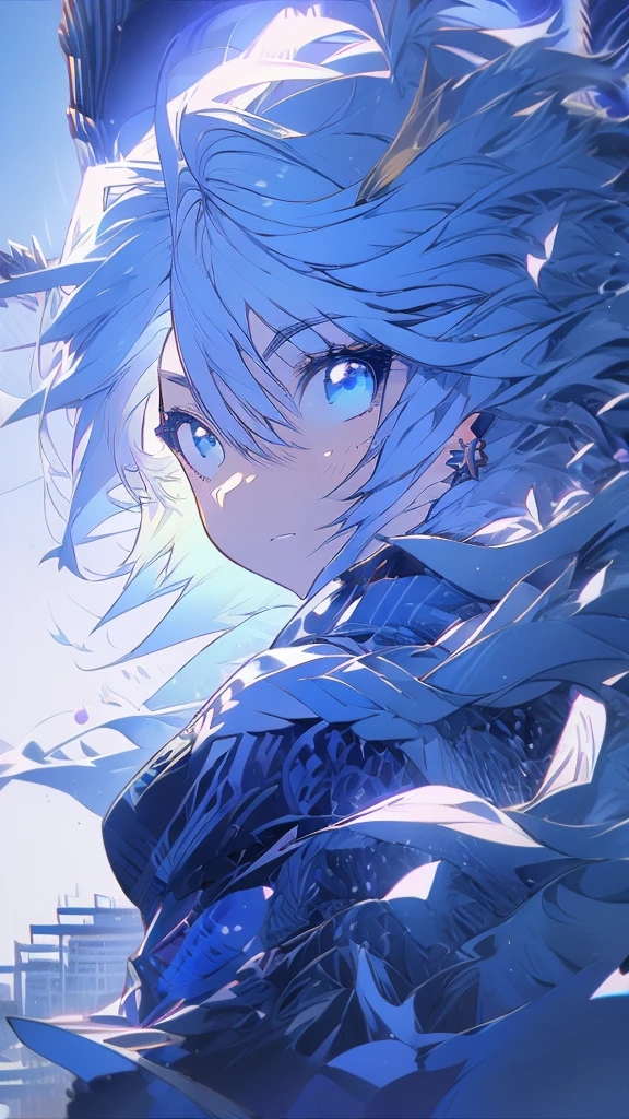 Seven-doppelganger shot，Anime style 4K,High quality anime art style，Standing painting，Splash ink background，Blue Themes、Pure white background,Buildings,Face close-up,Buildings,Moon and sun、Shining Star々,milky way,Bright Sky,Looking at me,Facing forward,Clear eyes and nose,cute,beautiful,Thin legs,sitting by the water, black hair, Blue eyes, girl, bob, front, cute,Blue Background,Long Hair,Whale flying in the blue sky,Buildings,whale,Black Hair,Night,暗い夜