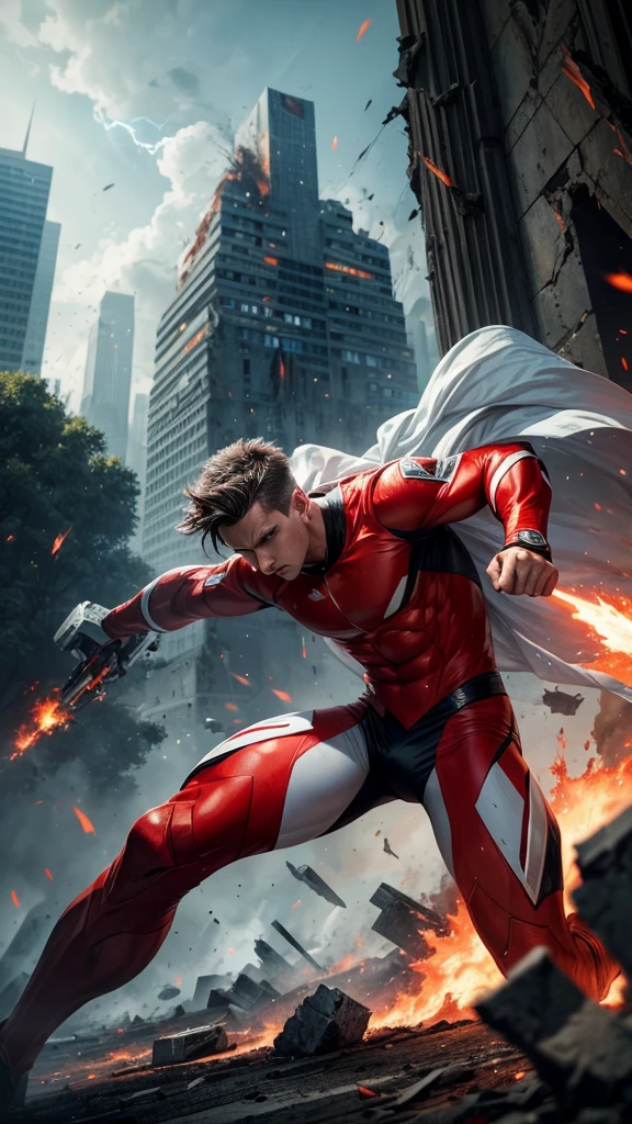 (masterpiece, Best image quality),One boy, A hero in a white, red and black suit, (Dynamic pose | Element Surround:1.2), Low angle view, Very detailed, Ruins of the battle, intense, shock wave, Outdoor, Battlefield Background,Guardian of the City,Sporty hero,Use fire as a weapon