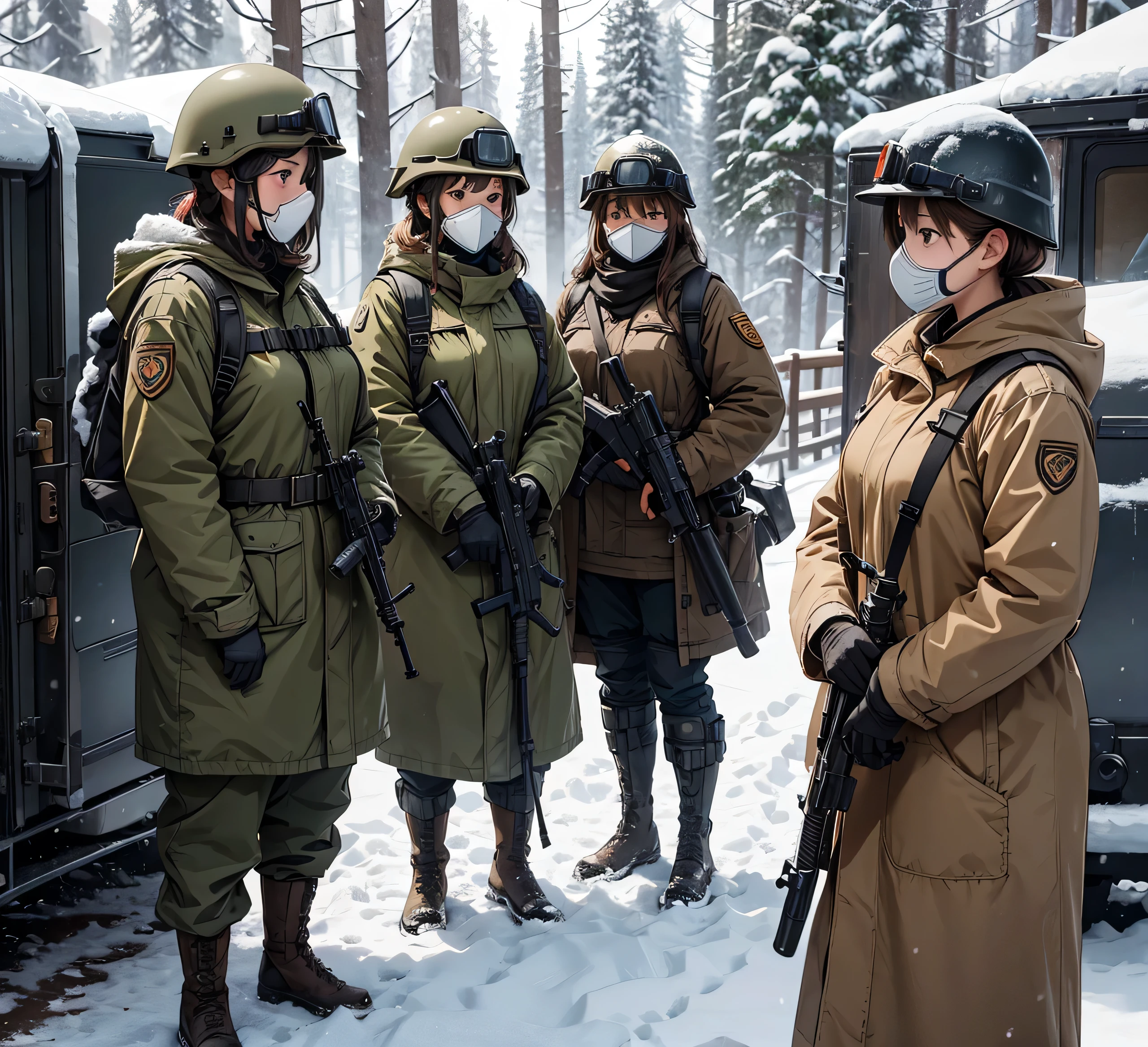 A group of female soldiers all wearing Bakers Brown thick coats、Wear a steel helmet、Gas Mask、Goggles、Standing guard with gun、Snow Camp、masterpiece、best quality、Highly detailed CG、8K picture quality