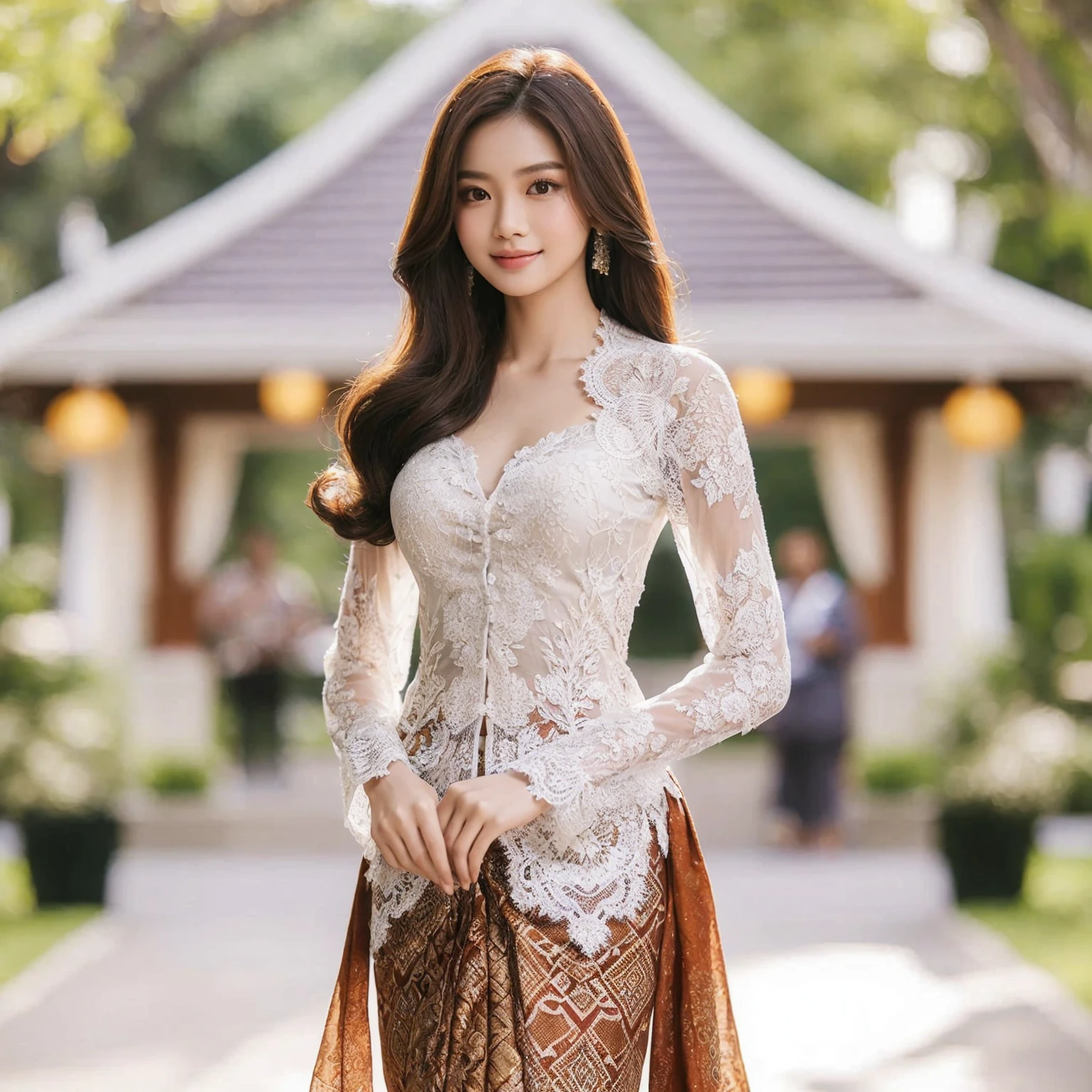 Create a realistic, UHD 8k visual of a indonesian girl, standing elegantly in a beautifully decorated room. She is wearing traditional Indonesian attire, consisting of a white lace fitted kebaya with v deeps cuts, a batik sarong with intricate patterns, and a brown scarf draped over her shoulders. Her mediumhair cascades over her shoulders, and she wears a delicate smile, exuding grace and poise. The background is park complements the warm and inviting atmosp