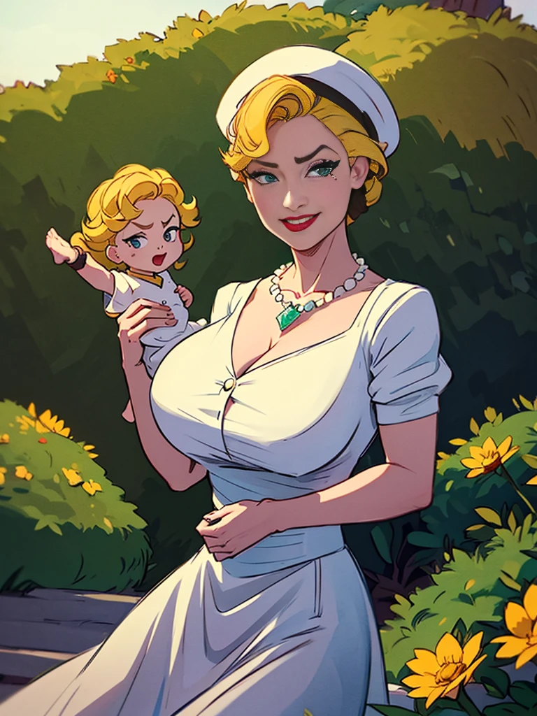 Helga Sinclair, her holding baby girl, Victorian dress, huge breasts, glowing crystal necklace, white top brown skirt, smile, white button blouse, buttons undone, hair up, brown hat with yellow flowers, looking at viewer, in park, green hedges