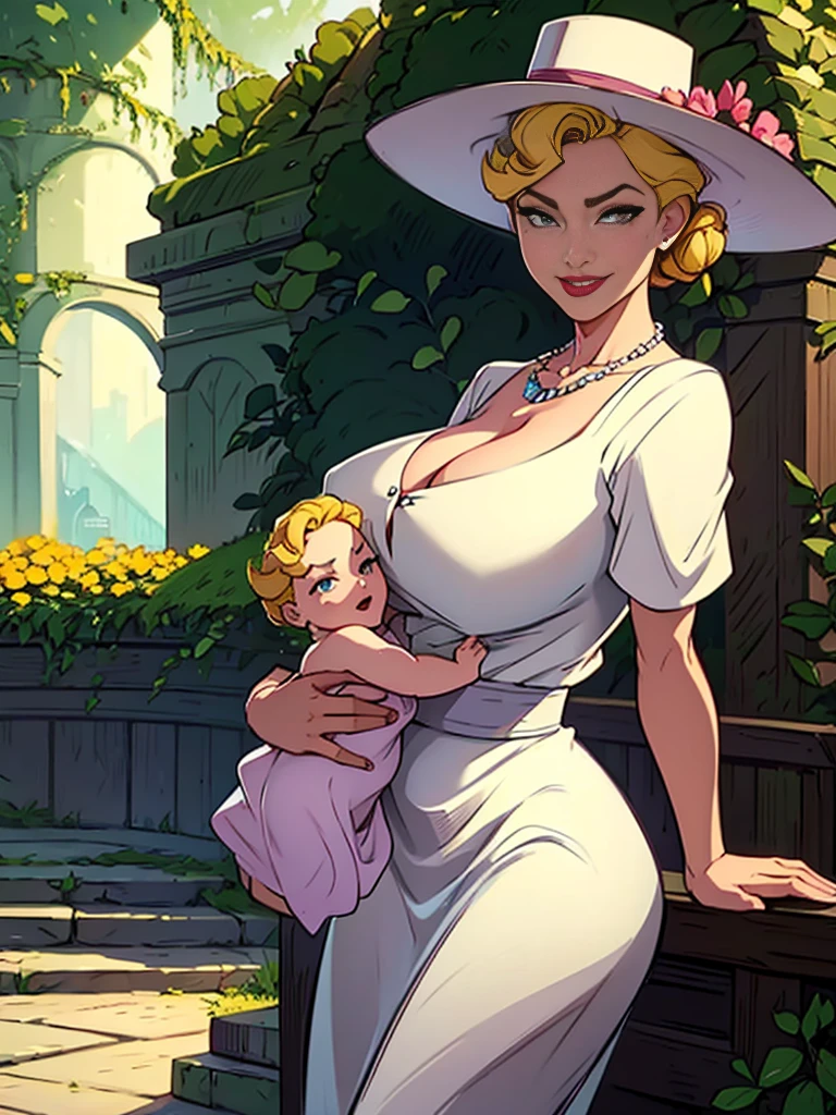 Helga Sinclair, her holding baby girl, Victorian dress, huge breasts, glowing crystal necklace, white top brown skirt, smile, white button blouse, buttons undone, hair up, brown hat with yellow flowers, looking at viewer, in park, green hedges