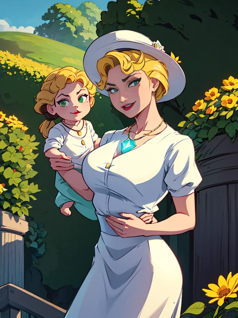 Helga Sinclair, her holding  girl, Victorian dress, huge breasts, glowing crystal necklace, white top brown skirt, smile, white button blouse, buttons undone, hair up, brown hat with yellow flowers, looking at viewer, in park, green hedges