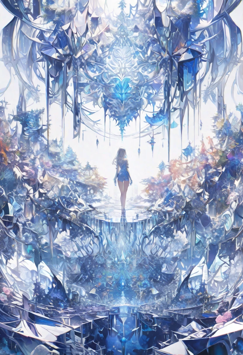 Tai Chi diagram、((masterpiece)), (anime:1.3), ((Highest quality)), (Abstract art:1.5), (High resolution), (pale colour), Wide Shot, (Fractal structure:1.5), (Simple white background:1.6), landscape, (beautiful), (Biological atmosphere), deep sea, (pretty girl), beautiful白い髪, (Are crying), transparent Glass ice mirror Blue rose crystal