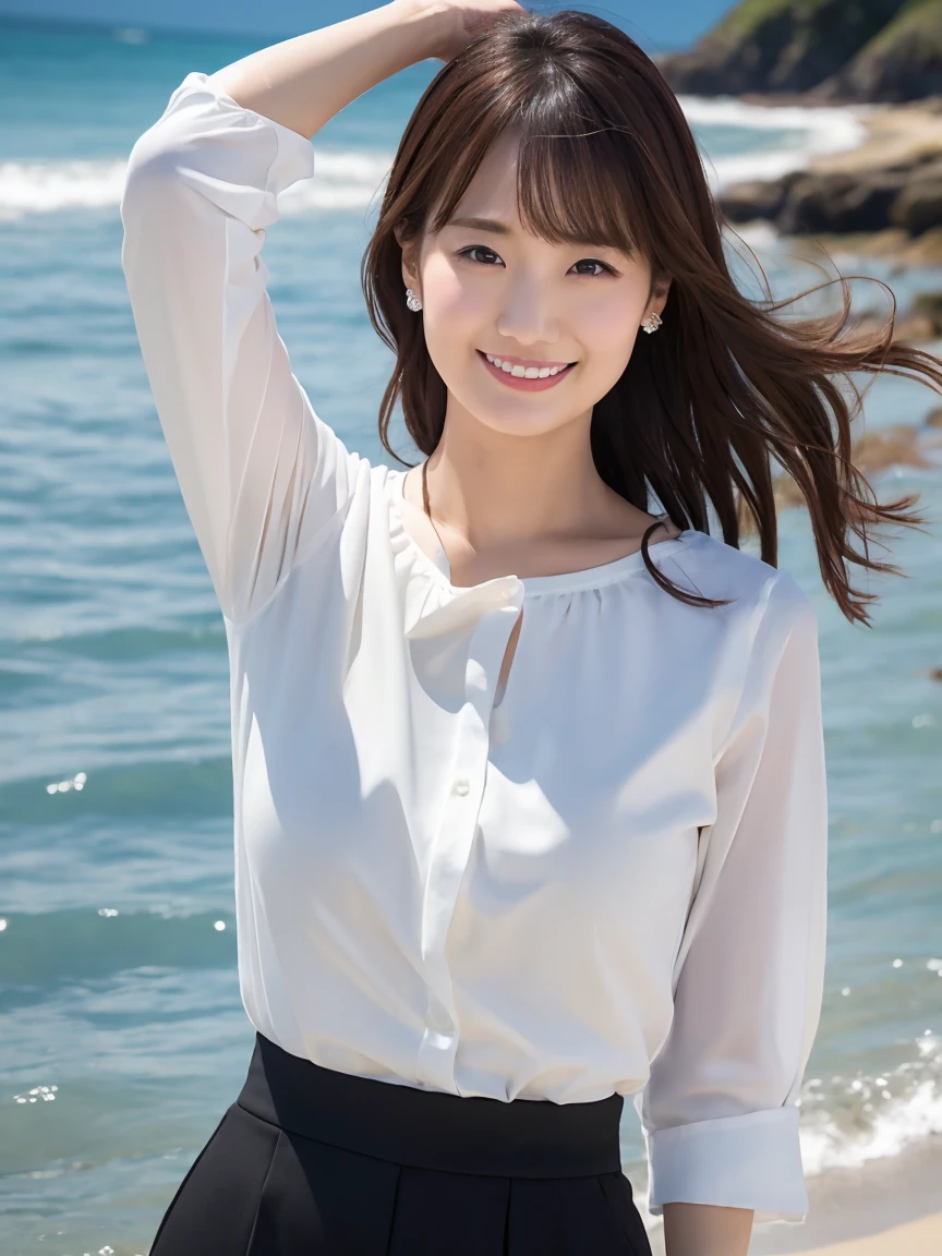 Tabletop, 最high quality, Realistic, In detail, High resolution,Beautiful Japanese Woman,Beautiful attention to detail, Beautiful lip detail, Very detailed顔, Small Head, Small areola, Cinema Lighting, Realistic, 8k, high quality, Very detailed, look at me,smile,(White blouse、Black Pants ),Long Hair,(By the Sea、Coastal),(Big Breasts:0.7),(Inoue Kiyokana),whole body, (Breast bulge:0.7),thin,(front図,throw)、whole bodyの姿(Are standing)、front()