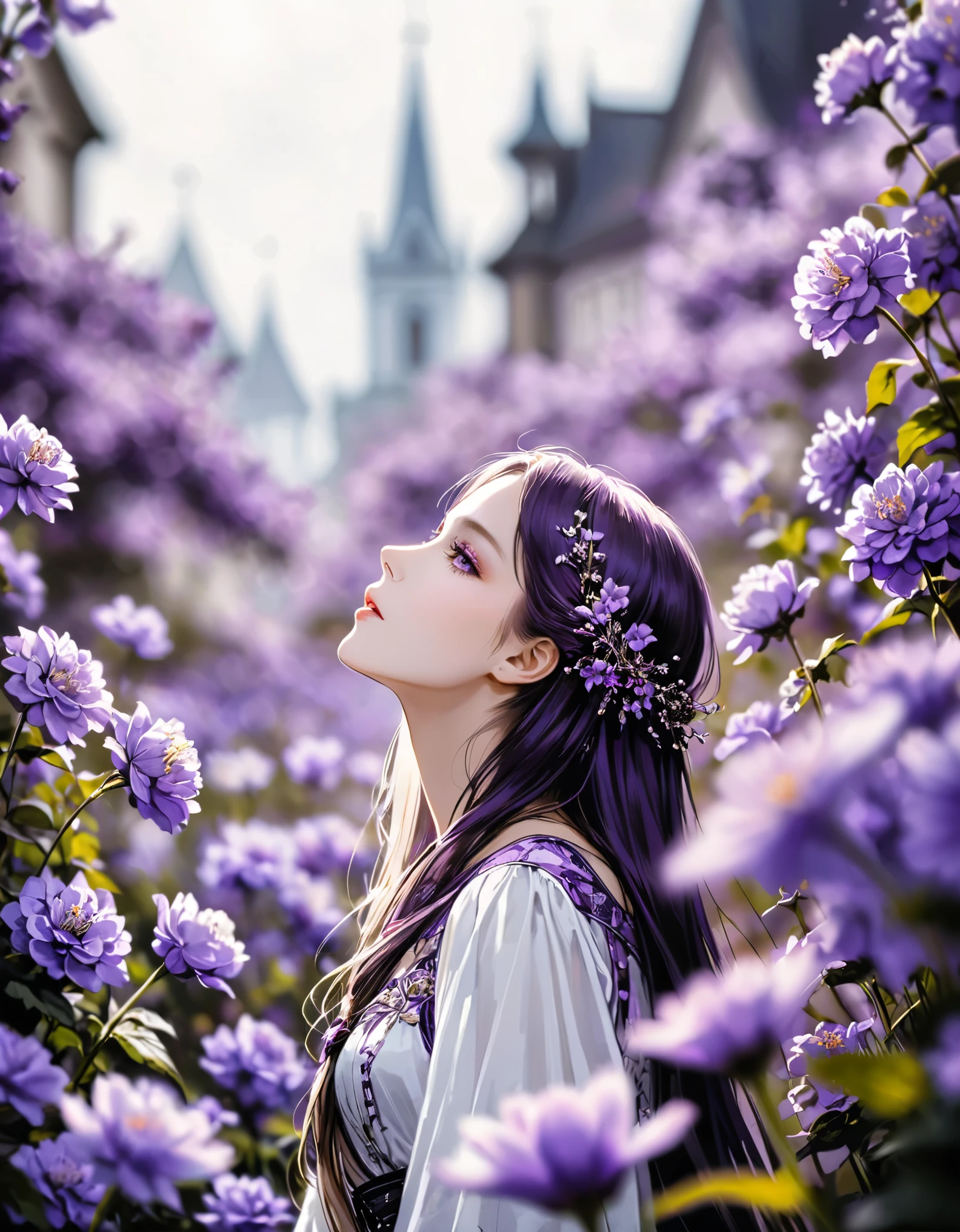 (in style of Harry Clarke:0.5),(in style of Santiago Caruso:0.7),
1girl,Long hair,Beat Clothing,Delicate girl's facial makeup,
BREAK
flower background,(flower foreground:1.6),( background blurred:1.7),from_Side,figure-centered composition,look up,(photo:1.4),(authentic:1.5),mid_shot,looking at viewer,(blurry foreground:1.8),Atmospheric violet