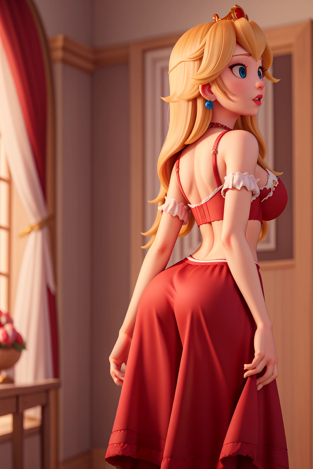 detailed textures in high quality,Princesa Peach,long sexy long skirt, crop top, big breasts, deep neckline, red clothes, sexy,  sexy bra , torn skirt, from behind, sexy ass