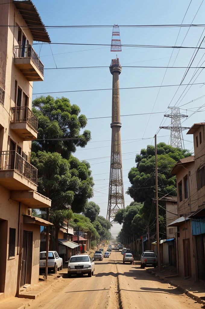 HV tower Transmission line across local african street