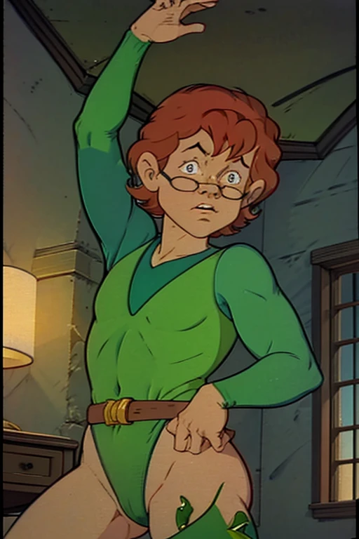 a redhead cartoon character dressed in a green leotard, very muscular, a young male wizard, 1980s cartoon, animated episode still, Presto (((mad)))