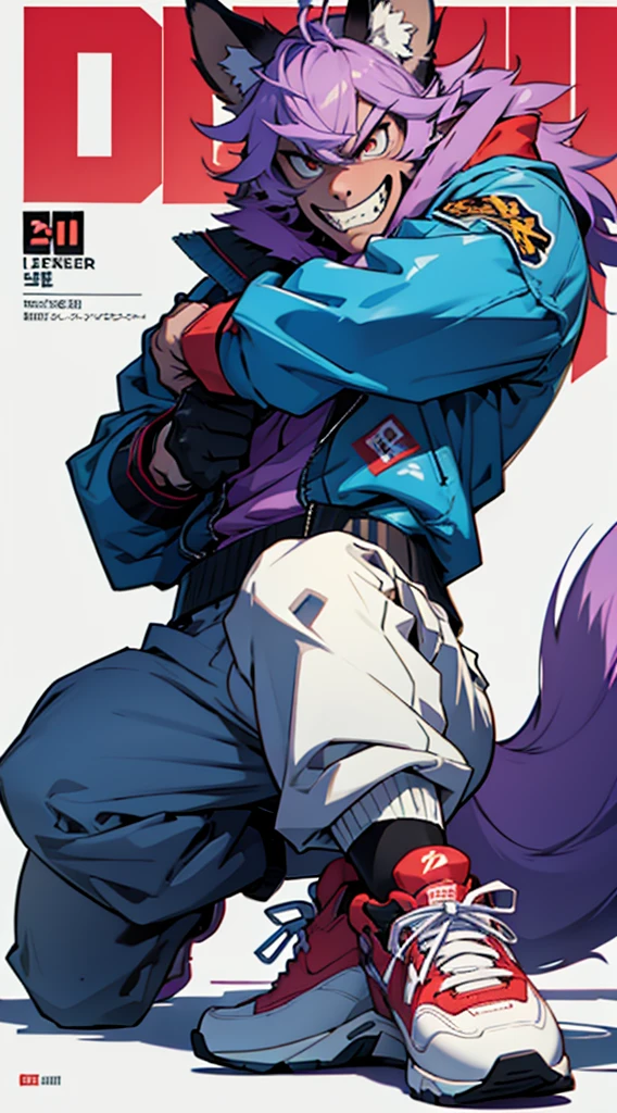 Big machine hands, Big round ears, A light purple ey-themed character, whole body, サイバーパンク, Wearing big sneakers, Simple Background, Magazine Cover, Jump up, Punching pose, boy, ショートカット, crazy eyes, tsurime, clenched teeth, grin, skin fang, raised fist, projected inset, UHD, best quality, highres, 8k
