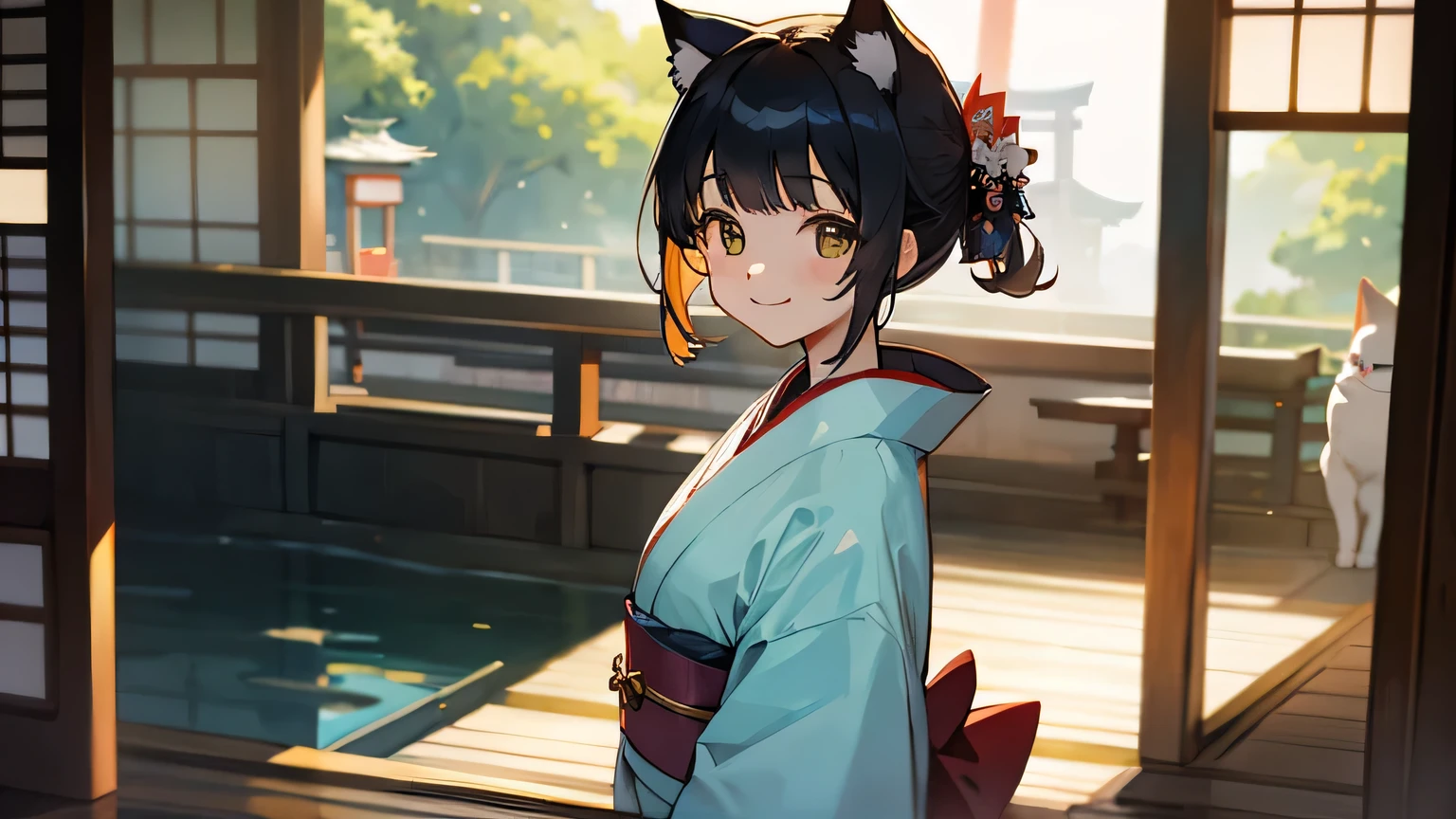 smiling girl,kimono,summer,cat,japan,bright