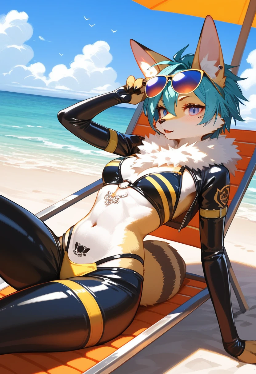 Highest quality, Highest quality, High quality illustrations, masterpiece, Ultra-high resolution, Detailed Background, beach, Absurd, Perfect Anatomy, performance, Good lighting, Shadows in the movies(kemono, Furry Personifi猫ion), latex, neon, neonカラー, cyber punk, Bee costume, Bee Cosplay, Bee's Tail, enamel, sunglasses, Tattoo, Dynamic Angle