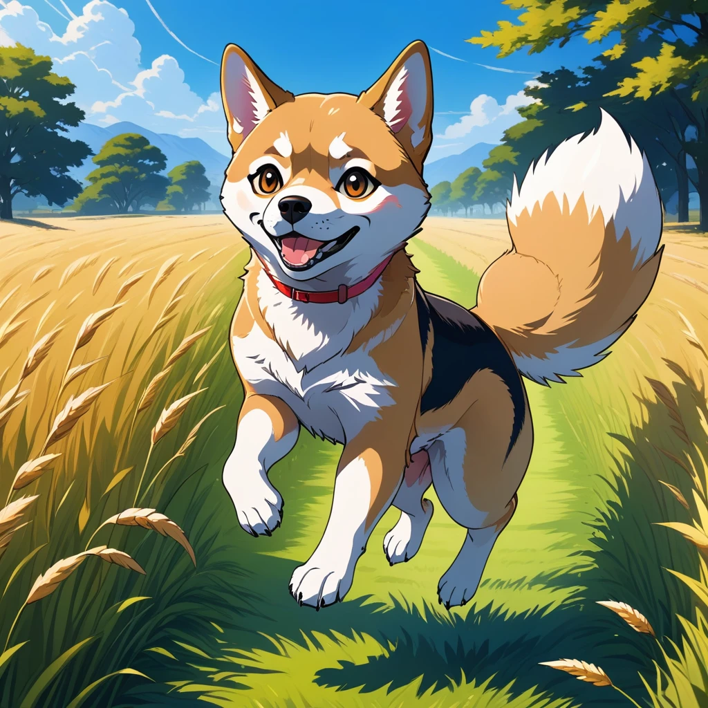 ((Masterpiece)), ((Best Quality)), (Very Detailed), ((Very Detailed)), 4K, (8K), very aesthetic, absurdres highres, 1 girl, (anthropomorphic shiba dog, furry, kemono:1.5), A sunny meadow with a blue sky. A dog is running as fast as it can in the vast grassland. The dog's body is completely stretched out, its front and back legs floating in the air, giving the impression that it is flying. In a single moment of cropping, the dog's fur fluttering in the wind and the grass swaying softly create an atmosphere of freedom and vibrancy.