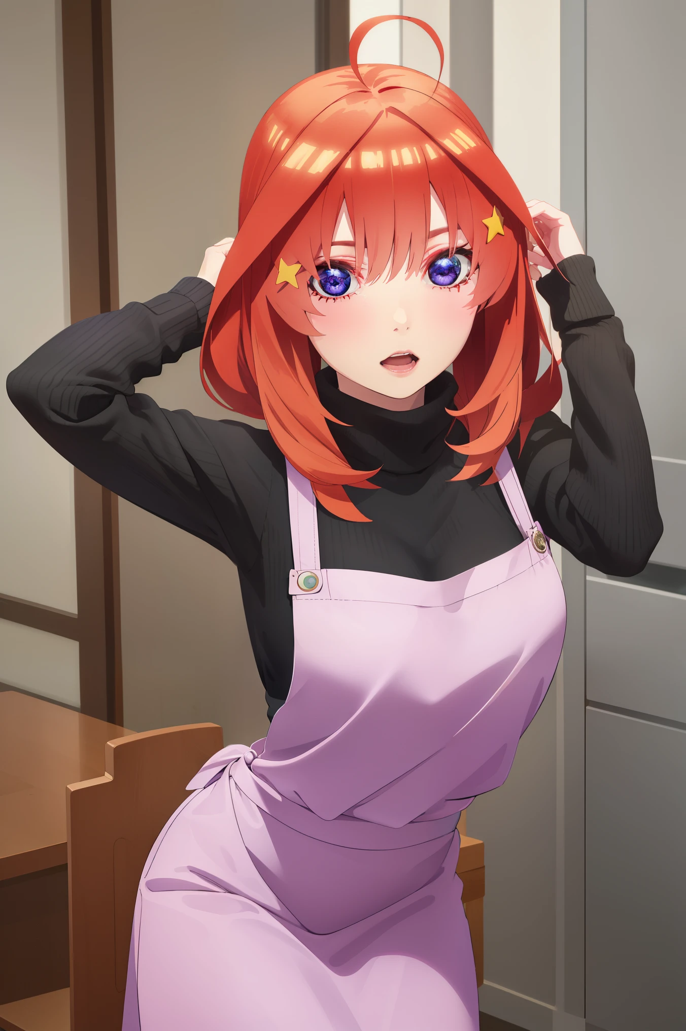[itsuki nakano, bangs, blue eyes, hair between eyes, ahoge, red hair, star \(symbol\), hair ornament, star hair ornament,], 1girl, anime girl, anime, girl, 2d girl, 16y,
BREAK ((ribbed sweater,turtleneck,purple_apron, purple bowtie,pencil skirt))), 
BREAK looking at viewer,(sexy pose:1.2), (hands behind head:1.3), (close up:1.2), (leaning forward:1.2),
BREAK (art: 1.2), best quality, high resolution, 8k unitary, (illustration: 0.8), (beautiful detailed eyes: 1.6), extremely detailed face, perfect lighting, extremely detailed in CG, (perfect hands, perfect anatomy),