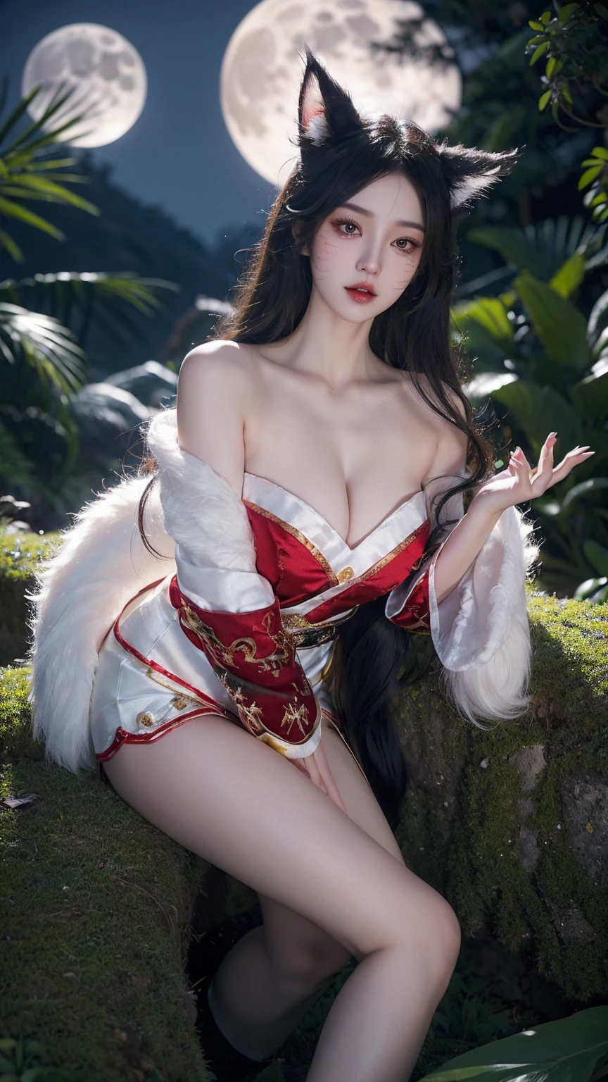 masterpiece, best quality, 8K UHD, Very high ultra-high resolution, Without a pattern, extremely high details, ari_\(League of Legends\), cosplay,white tail, black long hair, yellow eyes, ((realistic photo _ raw photo, whole body)), RAW photos, red lips, mature woman, exquisite makeup, National Style, ((In reality:1.5))、White phalaenopsis around the hair,1 girl、brown hair、flowing hair、chubby big tits, slim body, chubby pretty ass, slim sexy legs, Charming bridges, strike an elegant pose, very beautiful face 、hairpin in hair、perfect hands、(night、moon、cliff)、sit down、forest background、soft light,