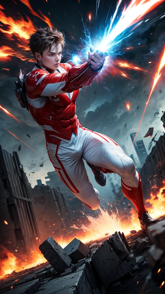 (masterpiece, Best image quality),One boy, A hero in a white, red and black suit, (Dynamic pose | Element Surround:1.2), Low angle view, Very detailed, Ruins of the battle, intense, shock wave, Outdoor, Battlefield Background,Guardian of the City,Sporty hero,Use fire as a weapon