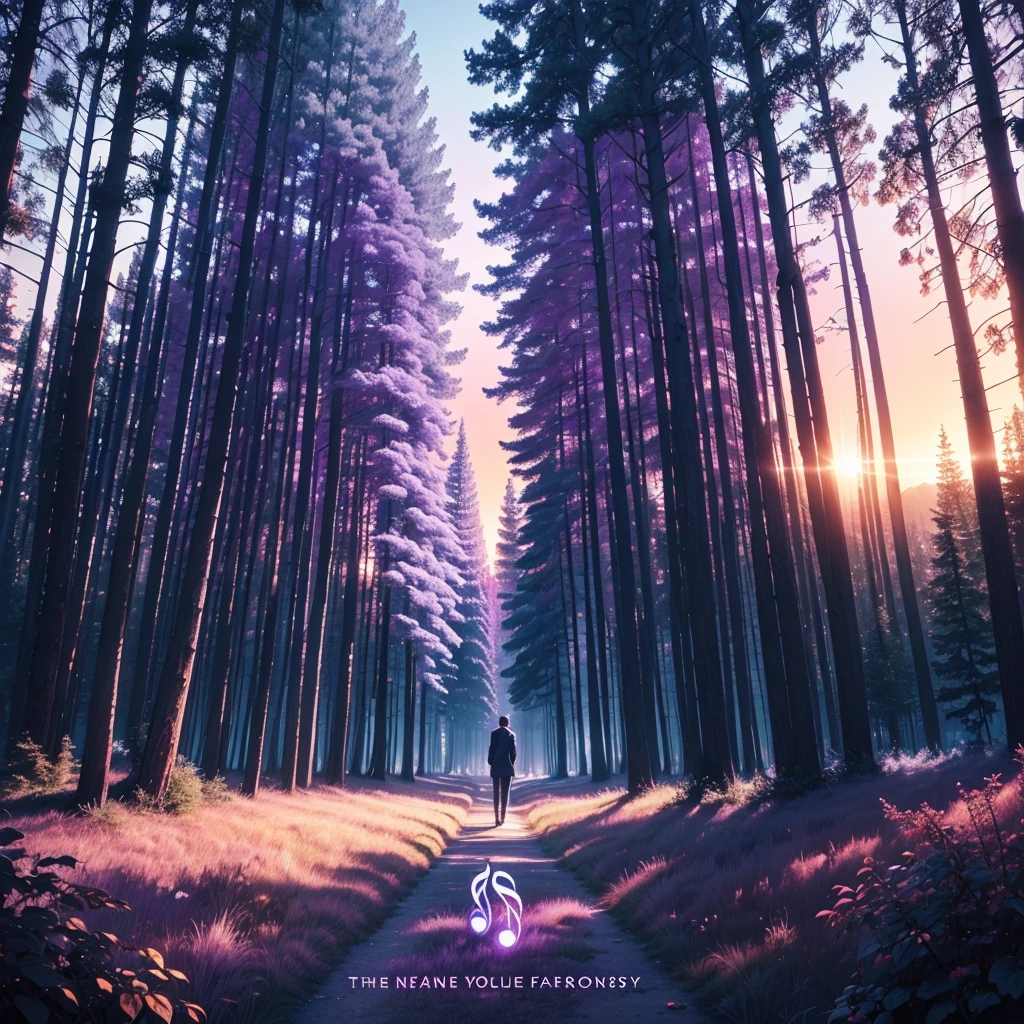 Music album cover with a background in purple and blue tones that represent the sunrise, with the silhouette of a forest in the background. In the middle, the elegant typography in silver color that says "Before the Album"