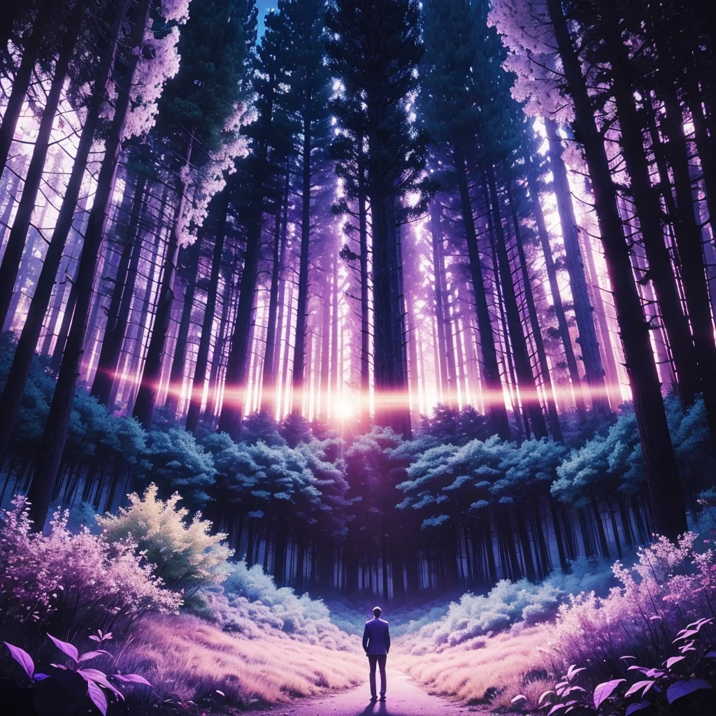 Music album cover with a background in purple and blue tones that represent the sunrise, with the silhouette of a forest in the background. In the middle, the elegant typography in silver color that says "Before the Album"
